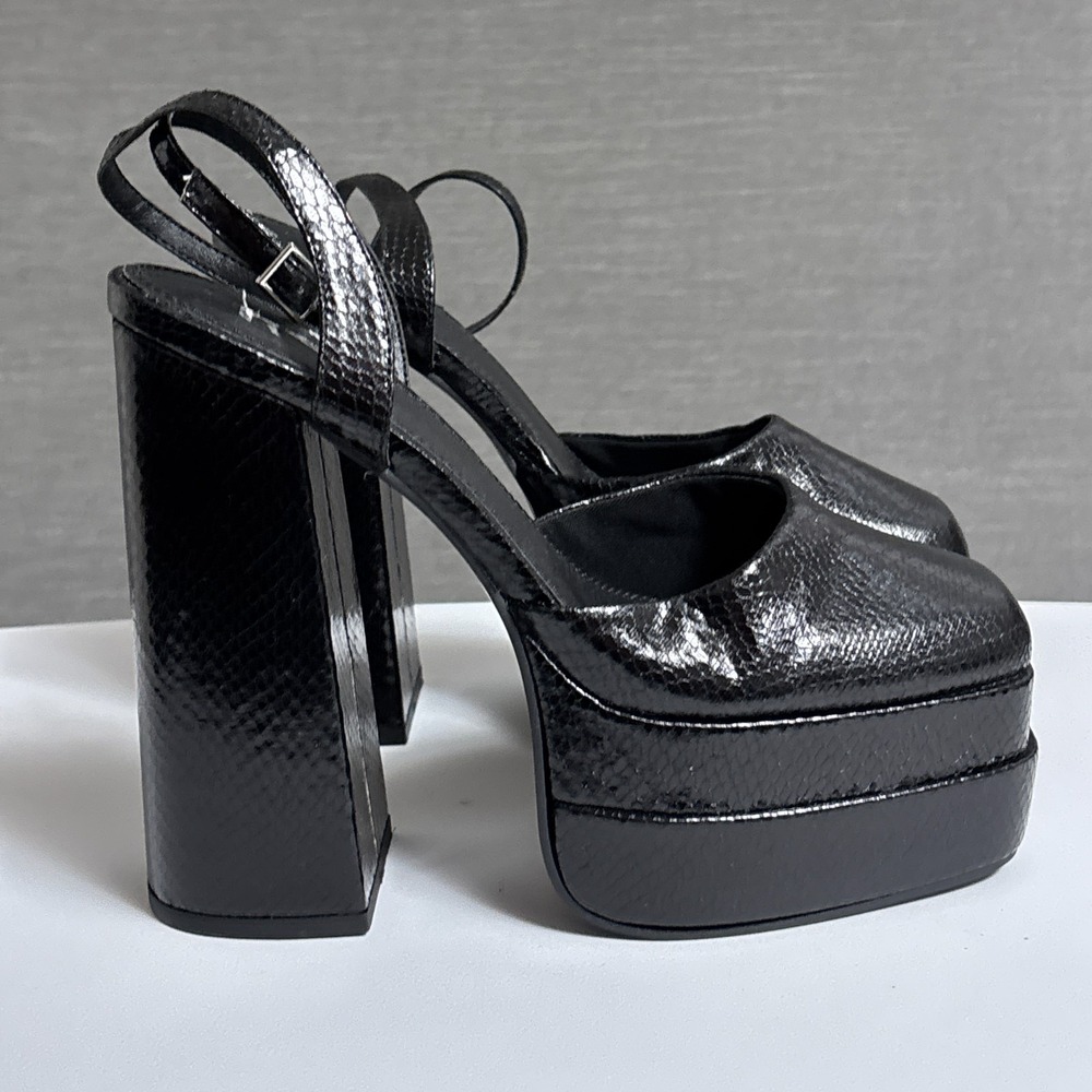 Asos Heels 8 Black Snakeskin Platform Ankle Strappy 6" Block Festival Sexy Party